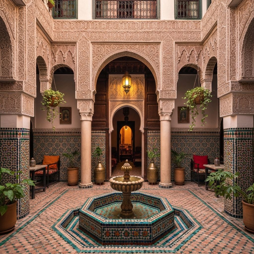 Architecture traditionnelle marocaine avec mosaïques et fontaine