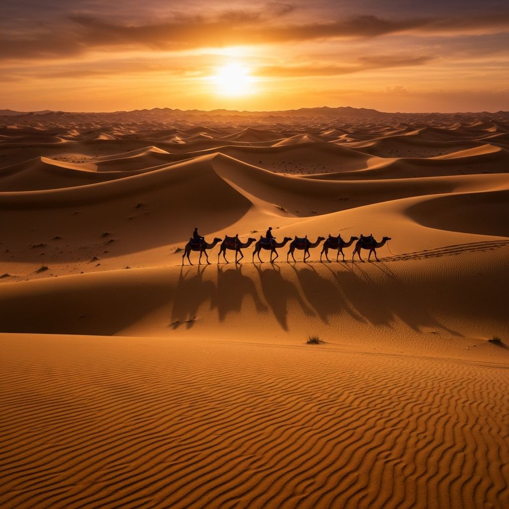 Dunes de Merzouga au coucher du soleil avec caravane de chameaux